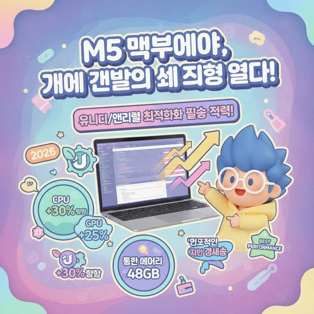 M5 맥북에어로 게임 개발의 새 지평을 열고 유니티와 언리얼 엔진 최적화 전략으로 압도적인 성능을 경험하는 고밀도 인포그래픽 포스터. CPU, GPU, 메모리 핵심 데이터를 담고 있다.