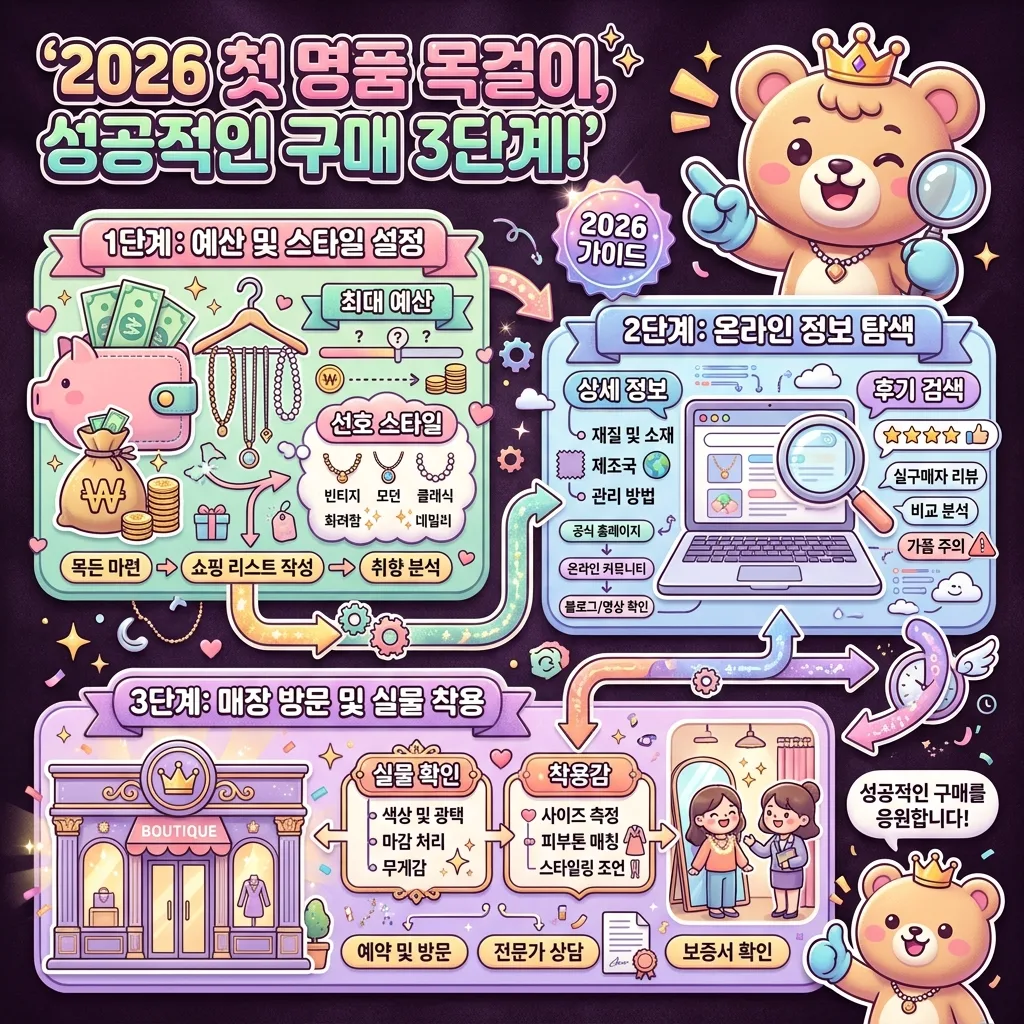 2026년 첫 명품 목걸이를 성공적으로 구매하기 위한 3단계 과정을 시각화한 인포그래픽. 예산, 온라인 탐색, 매장 방문 단계를 친근한 캐릭터와 아이콘으로 설명합니다.