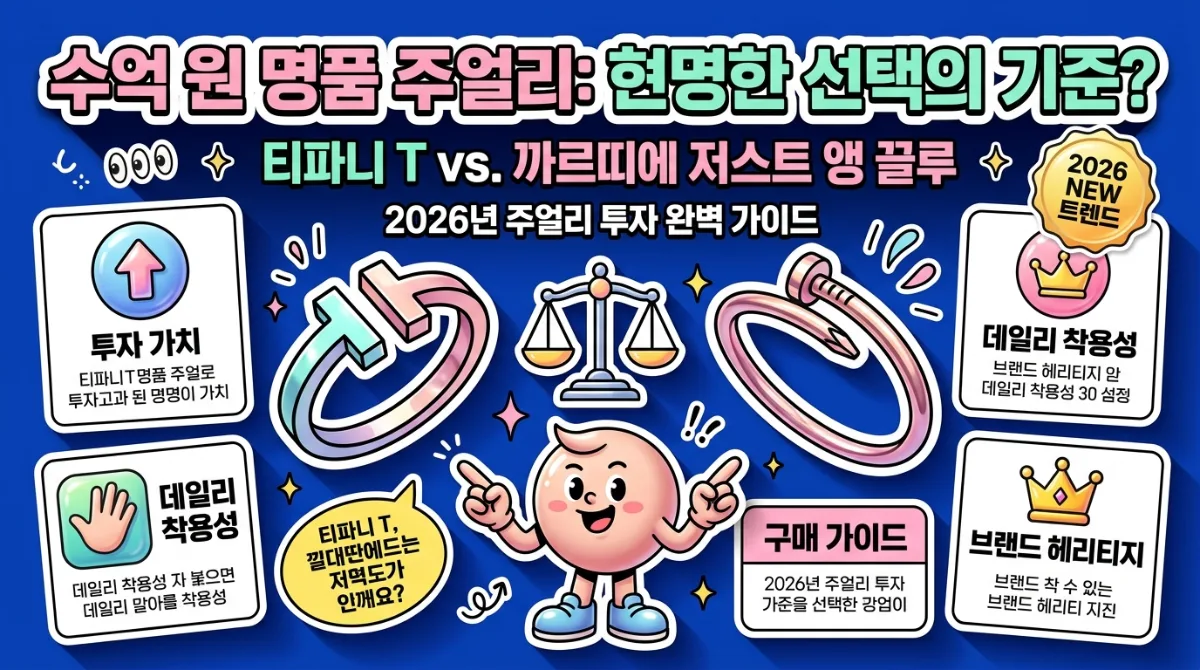 억대 가치 명품 주얼리의 현명한 선택 기준을 비교하는 2026년 최신 인포그래픽 포스터. 티파니 T와 까르띠에 저스트 앵 끌루의 투자 가치, 데일리 착용, 브랜드 헤리티지를 시각적으로 보여주는 정보 카드와 친근한 캐릭터가 함께 구성되어 있습니다.