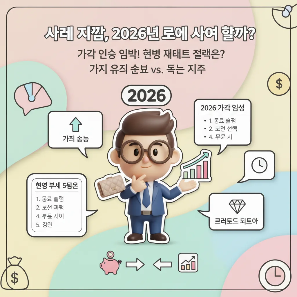 2026년 샤넬 클래식 카드 지갑 가격 인상 전, 현명한 구매 전략을 위한 필수 정보를 담은 풍부한 인포그래픽 포스터. 가치 유지 소비와 재테크 관점을 비교하고, 구매 전 고려해야 할 핵심 요소들을 다룹니다.