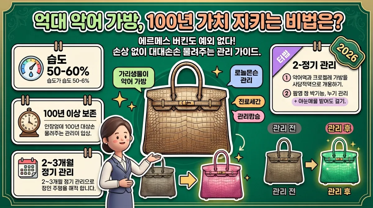 억대 에르메스 버킨 악어 가죽 가방의 100년 가치를 보존하는 비법을 담은 풍부한 인포그래픽 포스터. 이상적인 습도, 장기 보존 기간, 정기 관리 주기를 핵심 정보 카드와 친근한 캐릭터로 시각화하여 손상 없이 대대손손 물려주는 관리 가이드임을 강조합니다.