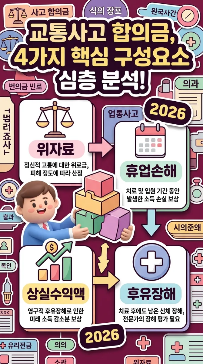 교통사고 합의금의 주요 구성 요소인 위자료, 휴업손해, 상실수익액, 그리고 후유장해를 각각의 아이콘과 설명으로 시각화한 인포그래픽 포스터입니다. 각 요소가 어떻게 합의금을 구성하는지 친근한 캐릭터가 안내하며, 2026년 기준의 정보가 담겨있습니다.