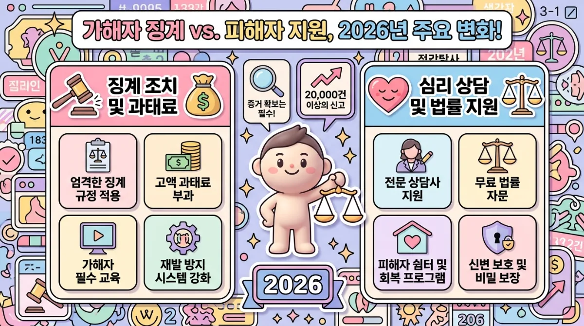 2026년 직장 내 괴롭힘 신고 후 가해자가 받게 되는 징계와 피해자가 받을 수 있는 지원 제도를 명확히 비교하는 인포그래픽. 징계/과태료, 심리/법률 지원, 증거 확보의 중요성, 신고 건수를 시각적으로 풍부하게 담아내어 정보를 효과적으로 전달한다.