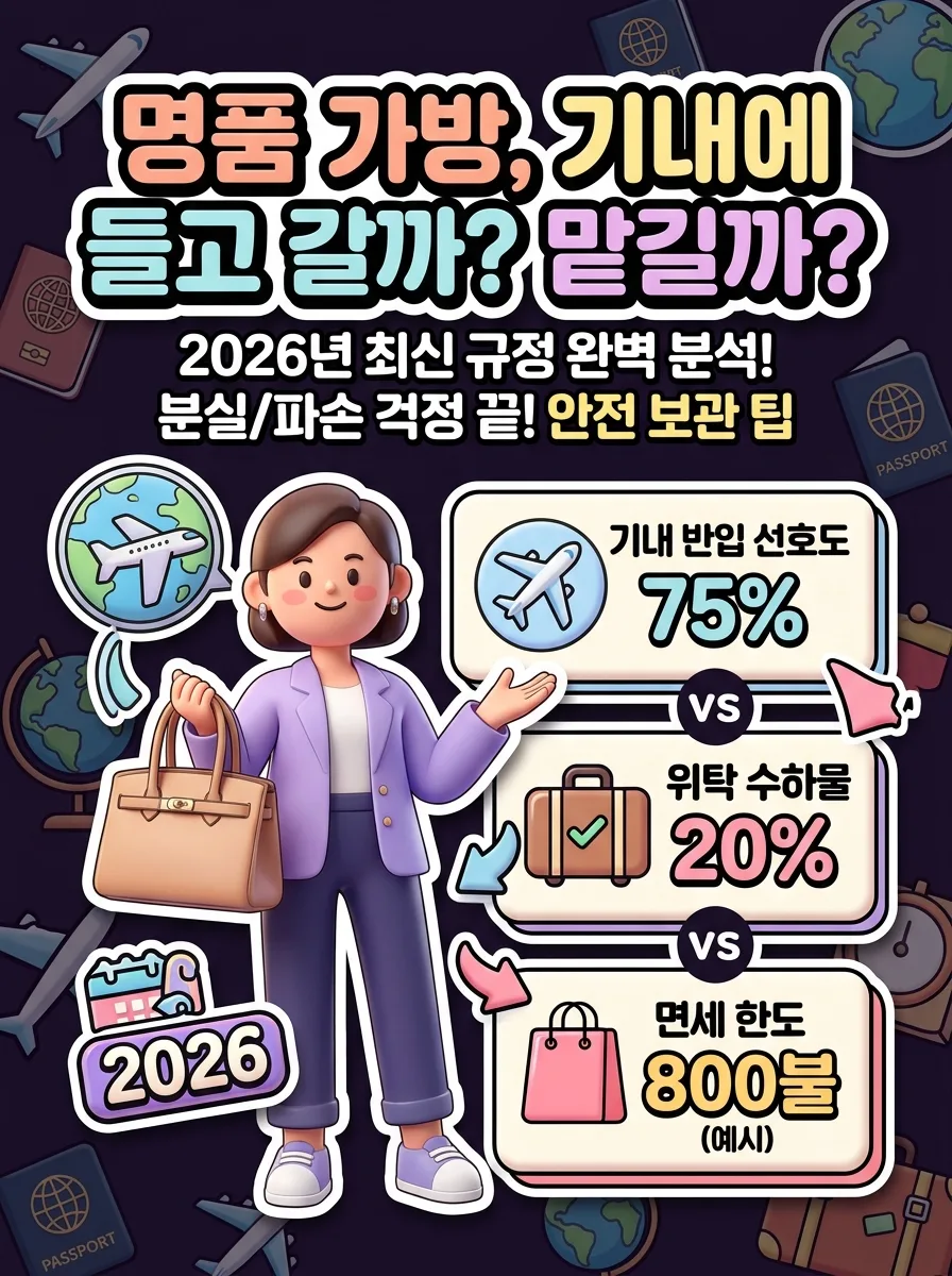 2026년 해외여행 시 명품 가방의 기내 반입 여부를 결정하는 여행객의 모습과 함께, 기내 반입 선호도, 위탁 수하물 선호도, 면세 한도를 보여주는 정보성 이미지. 명품 가방을 안전하게 운반하기 위한 최신 규정과 팁을 강조하며, 항공기, 수하물, 면세 관련 아이콘이 풍부하게 배치되어 있다.