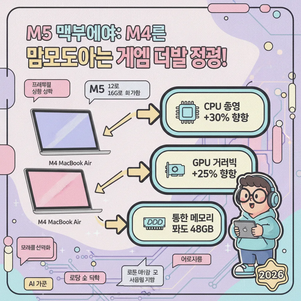 M5 맥북에어가 M4 대비 CPU 30%, GPU 25% 성능 향상과 48GB 통합 메모리로 게임 개발 성능을 압도하는 인포그래픽 비교 시각화.
