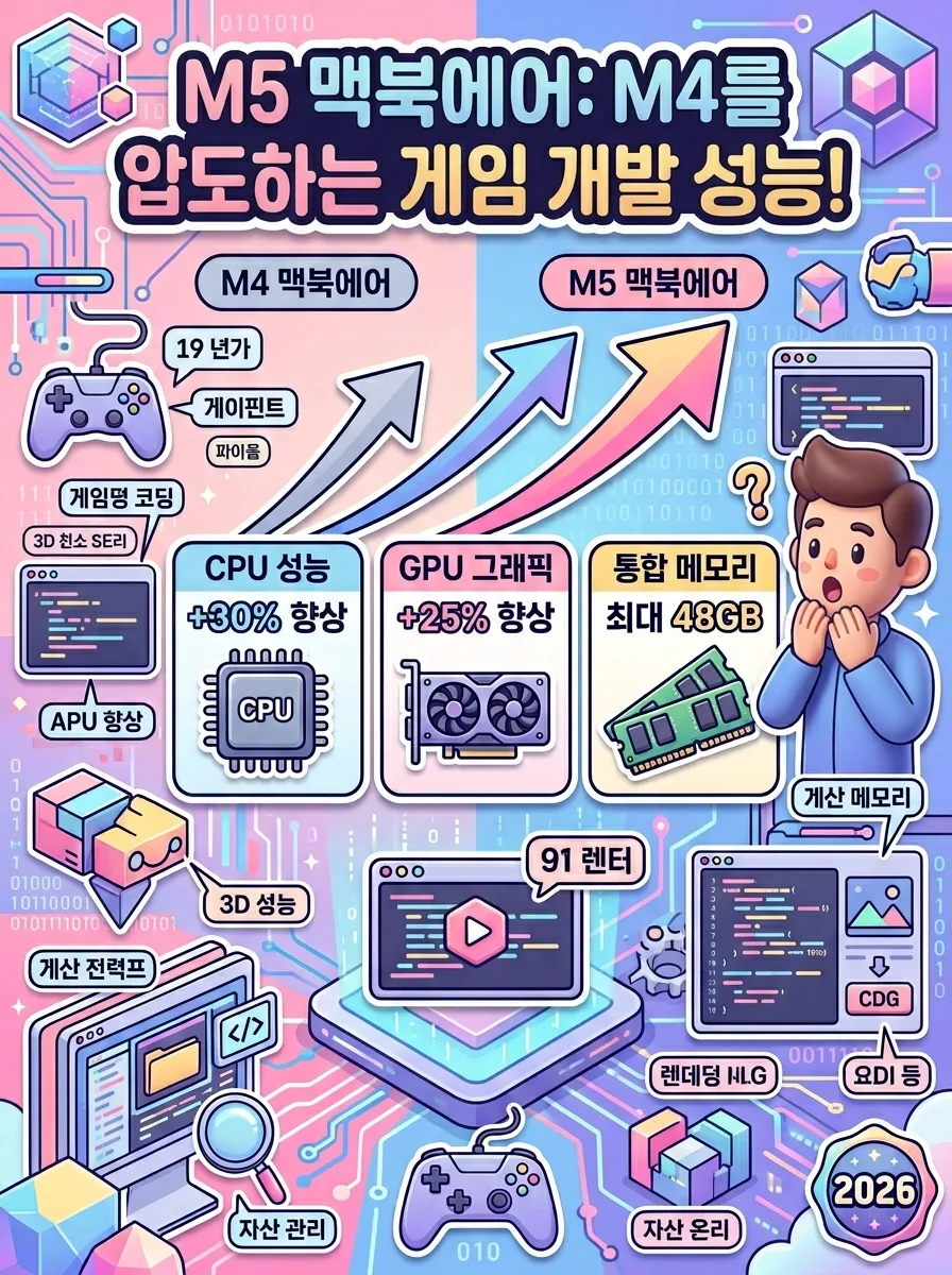 M5 맥북에어에서 유니티 및 언리얼 엔진의 자원 점유율을 최적화하여 게임 개발 효율을 높이는 핵심 가이드를 담은 인포그래픽.