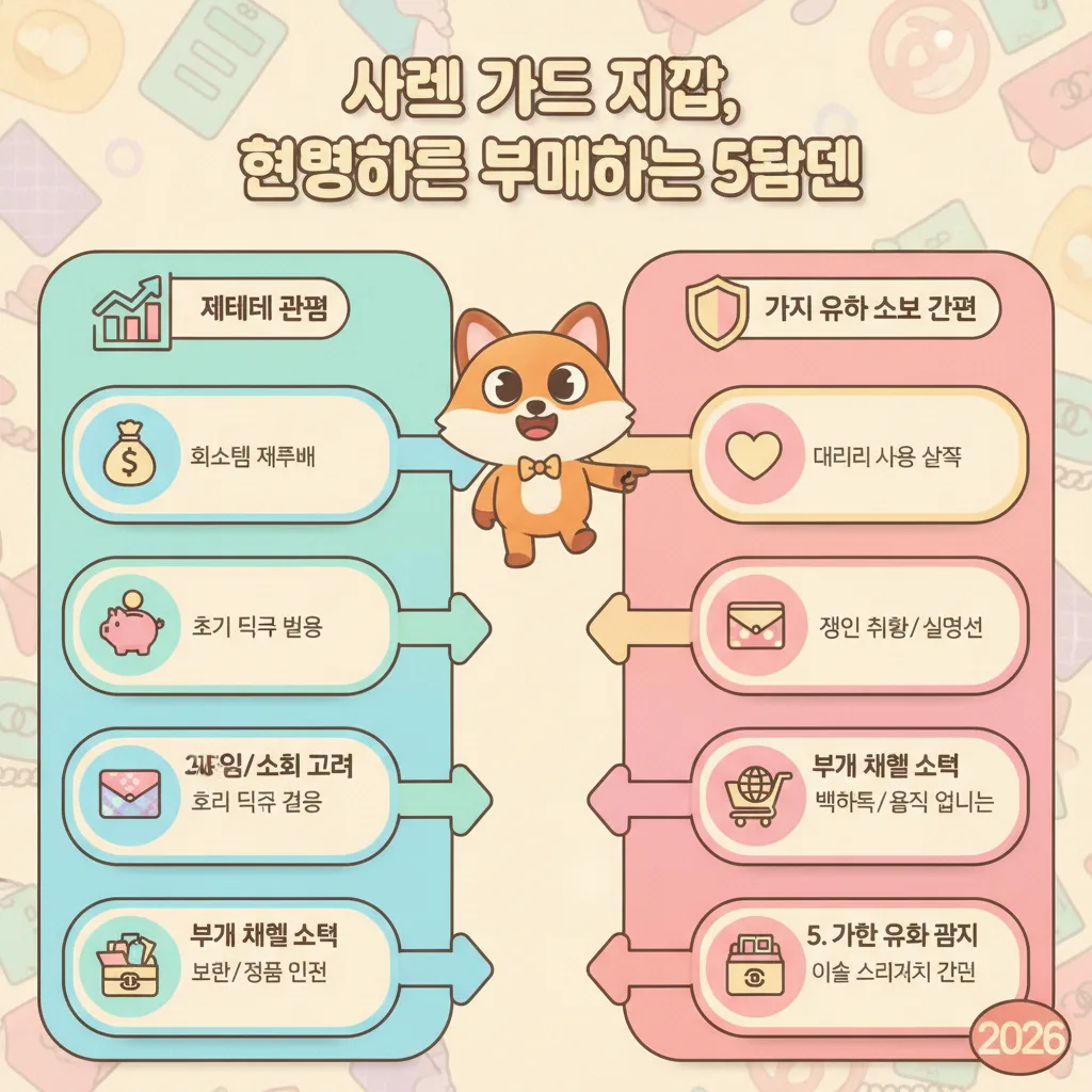 샤넬 카드 지갑 구매를 위한 현명한 5단계 전략을 시각화한 인포그래픽. 재테크 관점과 가치 유지 소비 관점을 비교하고, 구매 목적 설정부터 가치 관리까지의 과정을 친근한 캐릭터와 아이콘으로 설명합니다.