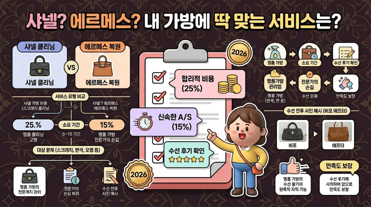 명품 가방 세탁 및 수선 서비스 선택 가이드를 제시하는 인포그래픽 포스터. '샤넬? 에르메스? 내 가방에 딱 맞는 서비스는?'이라는 한글 제목과 함께, 샤넬 클리닝과 에르메스 복원 서비스가 각 대표 가방 아이콘과 함께 비교됩니다. 합리적 비용, 신속한 A/S, 수선 후기 확인 등 중요한 고려 요소들이 체크리스트 형식의 정보 카드로 제공됩니다. 고민하는 3D 캐릭터가 현명한 선택을 돕는 듯한 모습이며, 2026년 최신 정보가 포함된 이미지입니다.