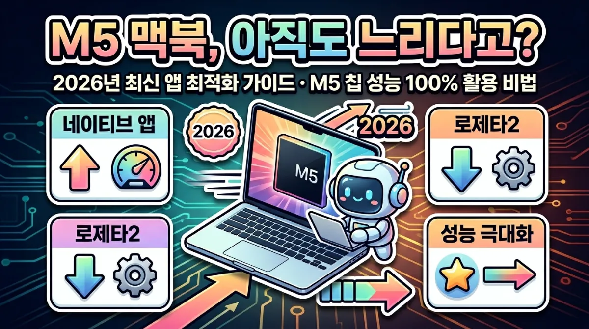 M5 칩을 위한 네이티브 앱과 로제타 2 앱의 성능 차이를 시각적으로 비교하는 인포그래픽 포스터. 'M5 앱, 뭐가 다를까?'라는 제목과 함께 최적화 성능과 호환성 우선이라는 핵심 개념을 친근한 캐릭터와 아이콘으로 명확하게 설명합니다.