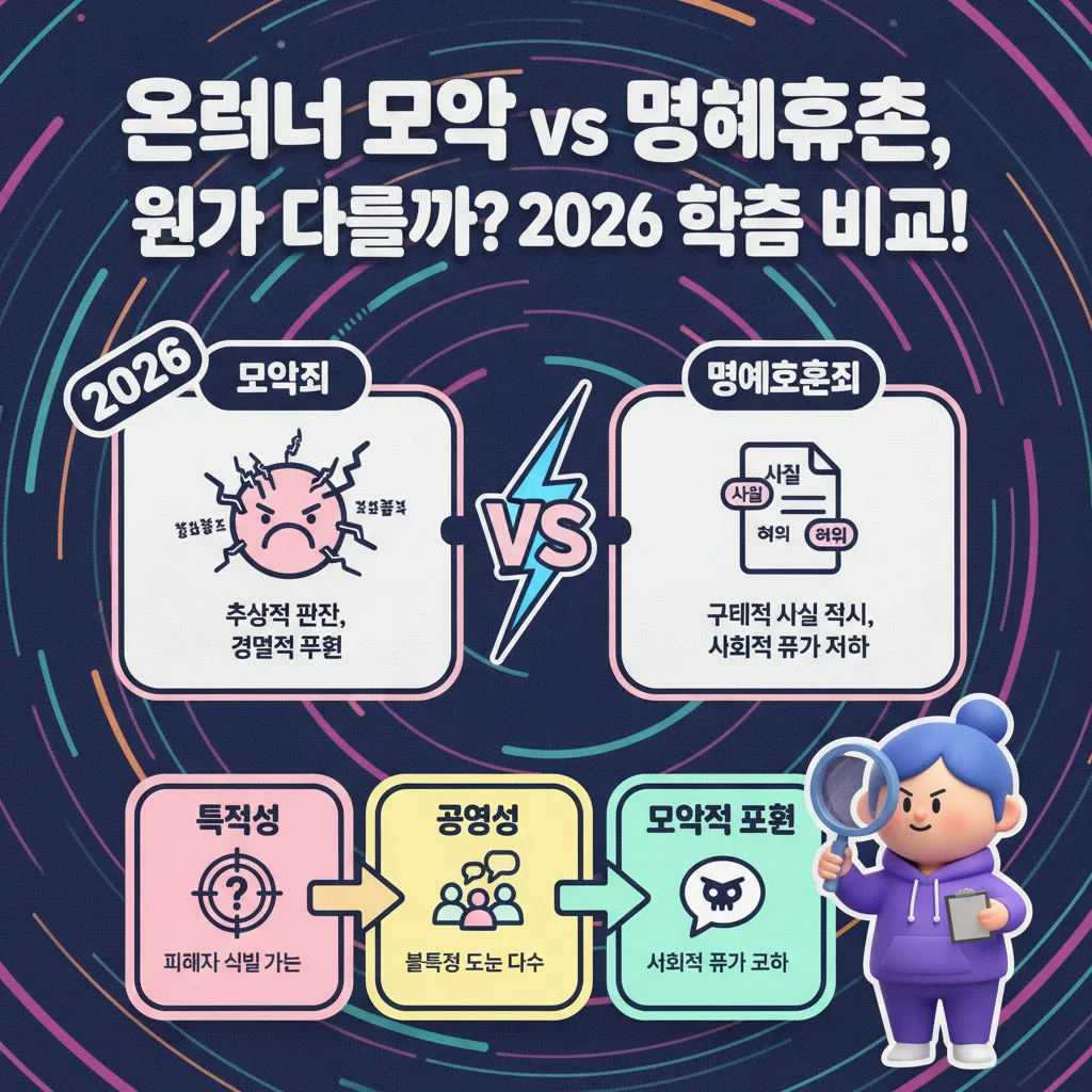 2026년 온라인 모욕죄와 사이버 명예훼손죄를 비교하고 모욕죄의 3대 핵심 성립 요건(특정성, 공연성, 모욕적 표현)을 상세히 설명하는 꽉 찬 인포그래픽 포스터. '온라인 모욕 vs 명예훼손, 뭐가 다를까?'라는 제목과 함께 각 죄의 특징을 아이콘과 함께 시각화하고, 돋보기를 든 3D 캐릭터가 성립 요건을 가리키며 특정성의 중요성을 강조한다.
