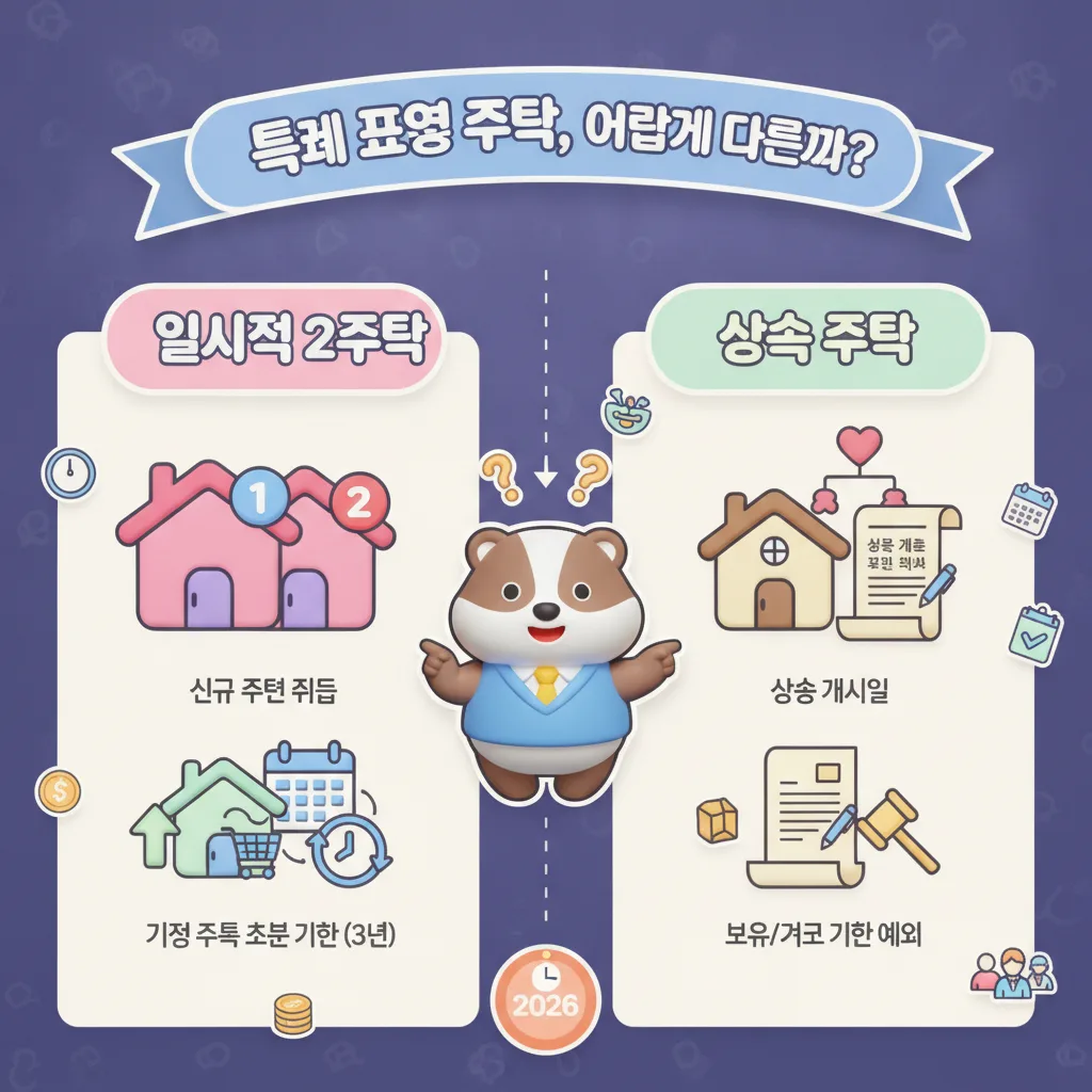 2026년 양도소득세 비과세 특례가 적용되는 일시적 2주택과 상속 주택의 차이점을 명확하게 비교하는 인포그래픽. 각 유형별 주요 요건과 특징을 아이콘과 한글 텍스트로 자세히 설명하여, 복잡한 규정을 쉽게 이해할 수 있도록 돕는다. 친근한 캐릭터와 2026년 배지가 포함된 정보성 포스터.