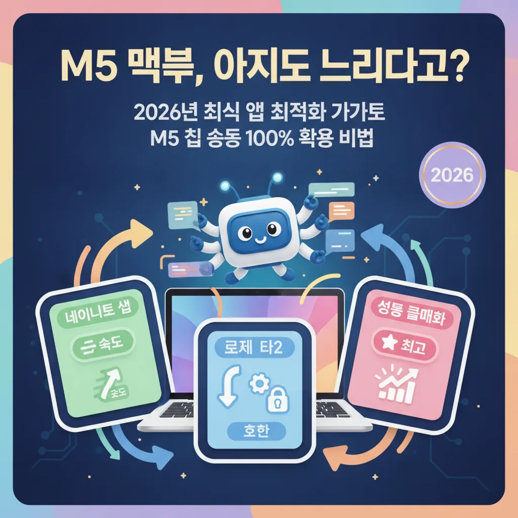 2026년 최신 M5 맥북 에어 앱 최적화 방법을 안내하는 강렬한 인포그래픽 포스터. 'M5 맥북, 아직도 느리다고?'라는 후킹 헤더 아래, 네이티브 앱과 로제타2 앱의 성능 차이를 시각적으로 비교하며 M5 칩 성능을 100% 활용하는 비법을 친근한 캐릭터와 함께 보여줍니다.