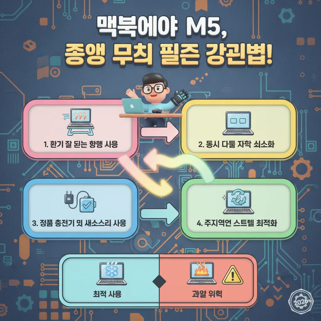 팬리스 맥북에어 M5의 성능 저하를 방지하기 위한 필수 관리법을 제시하는 인포그래픽. '환기', '동시 작업 최소화', '정품 액세서리', '시스템 최적화' 등 네 가지 핵심 관리법을 아이콘과 함께 설명하며 최적의 사용 환경을 강조하는 디자인.