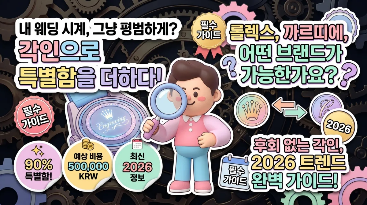 예물 시계 각인으로 특별함을 더하는 방법을 보여주는 인포그래픽 포스터. 롤렉스와 까르띠에 각인 서비스 가능 여부, 예상 비용, 2026년 최신 트렌드를 친근한 캐릭터와 함께 시각적으로 설명합니다.