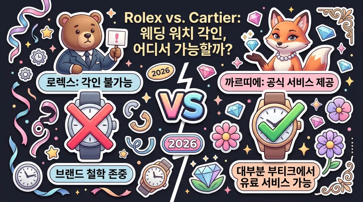 롤렉스와 까르띠에의 예물 시계 각인 서비스 정책을 비교하는 인포그래픽. 롤렉스는 불가하며 까르띠에는 가능함을 명확히 보여주며, 각 브랜드의 특징을 친근한 캐릭터와 함께 시각적으로 나타냅니다.