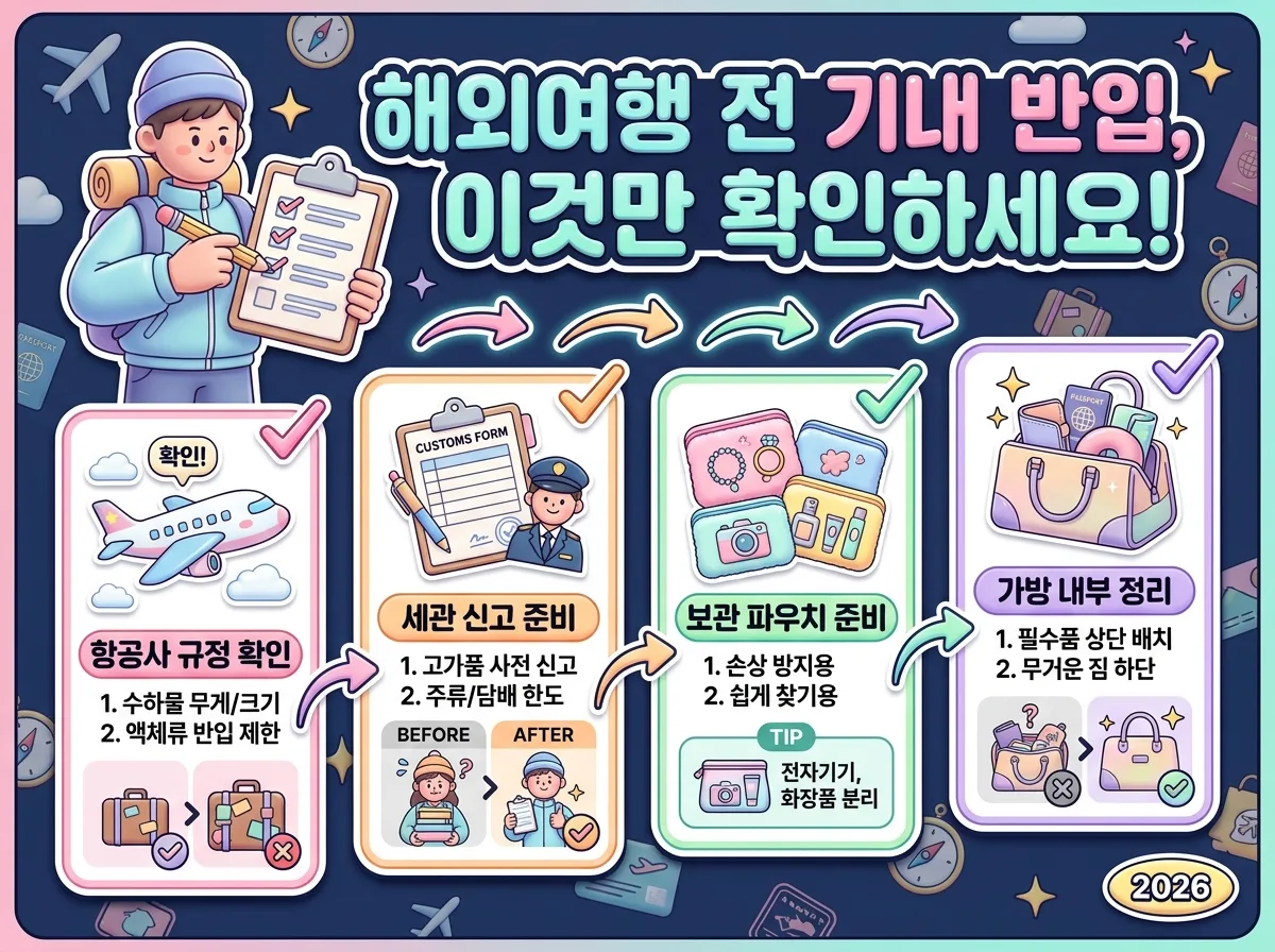 해외여행 전 명품 가방의 기내 반입을 위한 필수 체크리스트를 시각화한 인포그래픽 포스터. 항공사 규정 확인, 세관 신고 준비, 보관 파우치, 가방 내부 정리 등의 항목이 아이콘과 함께 단계별로 제시되어 안전한 여행 준비를 돕는다.