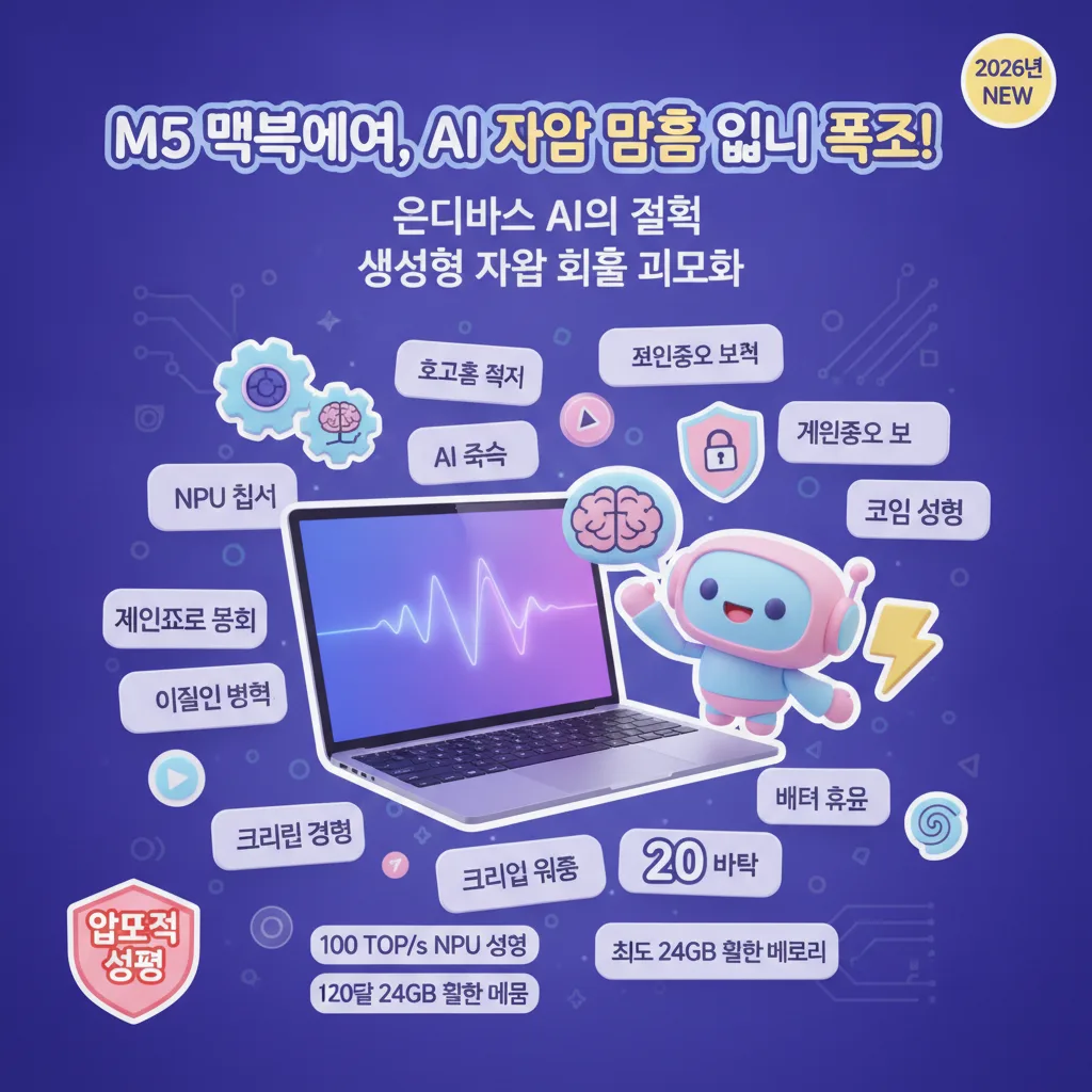 2026년형 M5 맥북에어 온디바이스 AI가 생성형 작업 효율을 혁신적으로 극대화하는 방법을 보여주는 강렬한 인포그래픽 포스터.
