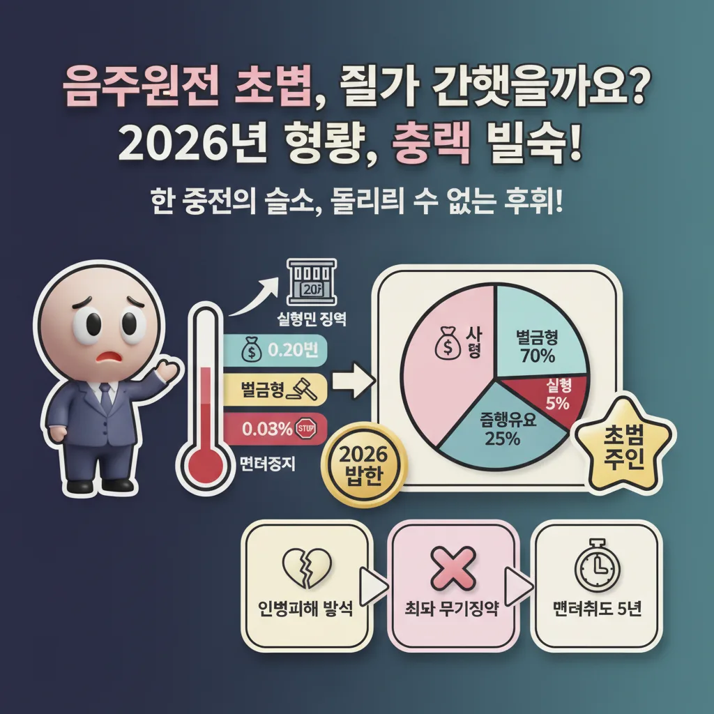 2026년 음주운전 초범 처벌 강화에 대한 경고성 인포그래픽 포스터. 혈중알코올농도별 처벌 수위 변화와 벌금, 집행유예, 실형의 비율을 시각화하여 한순간의 실수가 가져올 심각한 결과를 강조합니다.