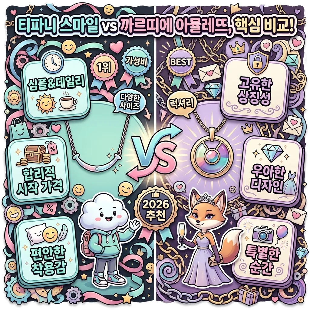 티파니 스마일과 까르띠에 아뮬레뜨 목걸이의 핵심 특징을 비교하는 인포그래픽. 심플함과 상징성, 가격대, 디자인 등 주요 차이점을 한눈에 보여줍니다.