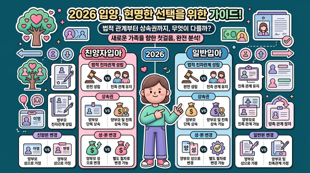 2026년 친양자 입양과 일반 입양의 핵심 제도를 시각적으로 비교. 법적 관계, 상속권 등 주요 차이점을 아이콘과 한글로 명확히 설명합니다.
