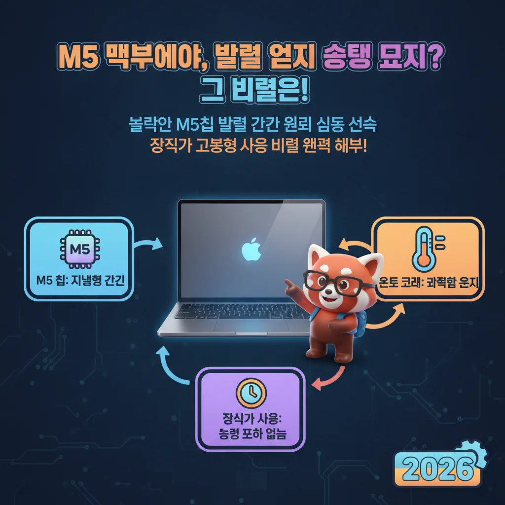 2026년형 M5 맥북에어의 발열 관리 비결을 심층 분석한 인포그래픽 포스터. 쿨링 효과를 시각화한 M5 칩과 맥북 주변에 정보 카드들이 배치되어 '성능 저하 없는 장시간 사용'의 비밀을 강조하며, 친근한 캐릭터가 안내하는 디자인.