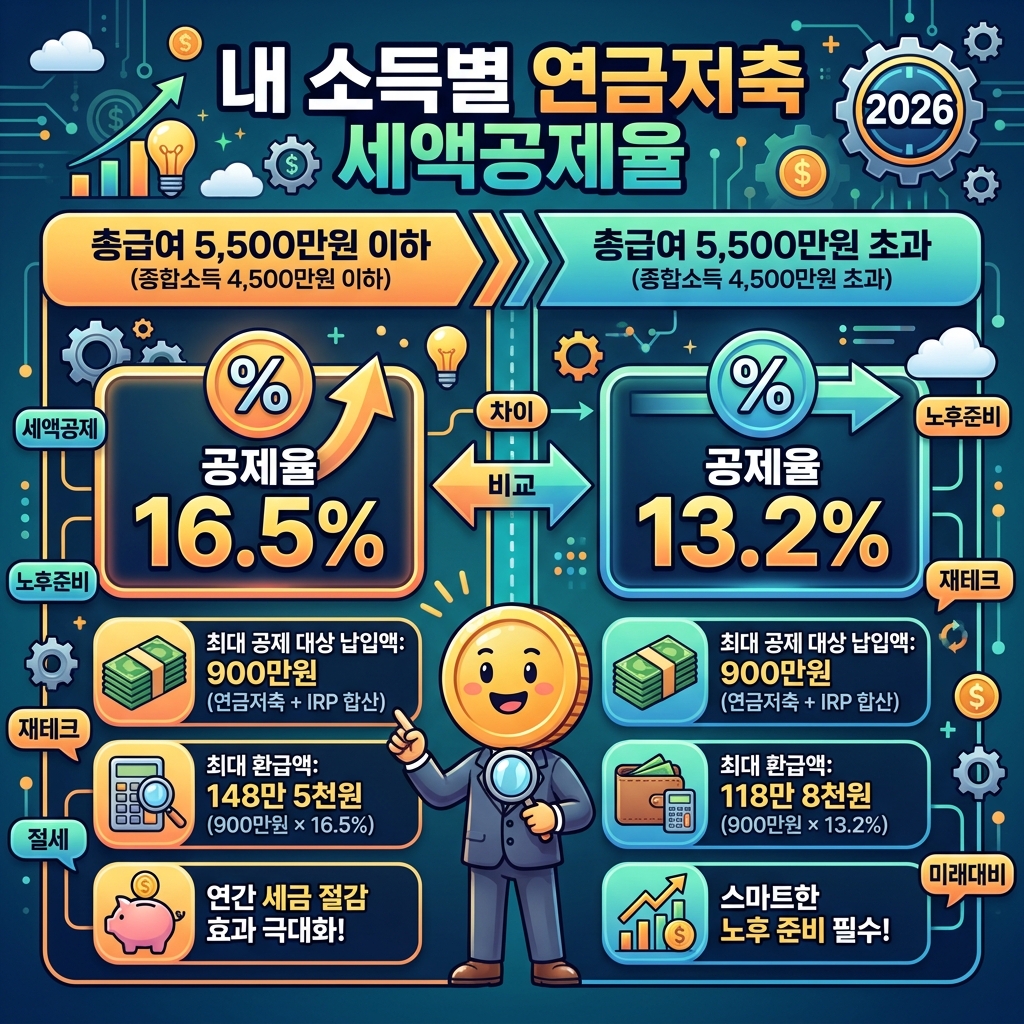 2026년 기준 연금저축 세액공제율이 총급여 5,500만원 이하(16.5%)와 초과(13.2%)에 따라 어떻게 달라지는지 보여주는 인포그래픽.