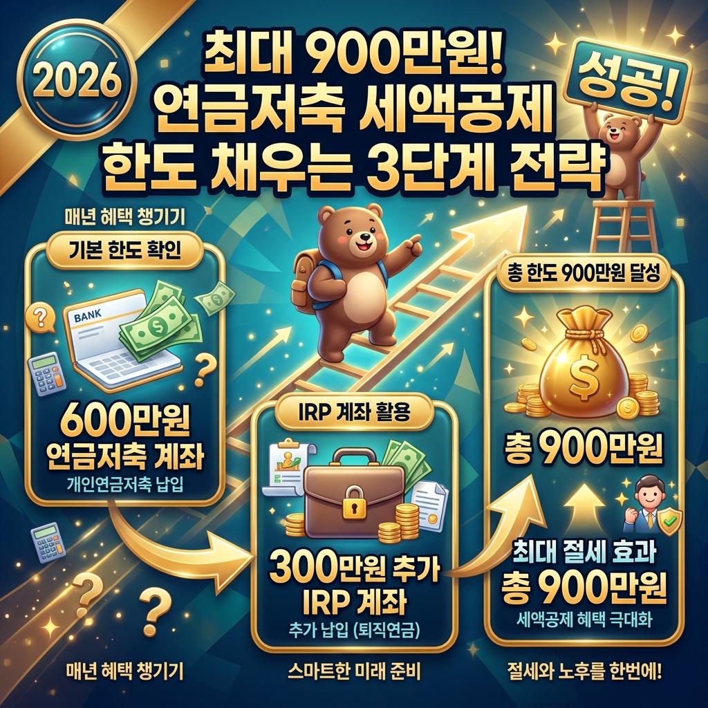 연금저축 세액공제 한도 900만원을 연금저축 계좌와 IRP 계좌를 활용하여 채우는 3단계 전략을 보여주는 단계별 인포그래픽 포스터.