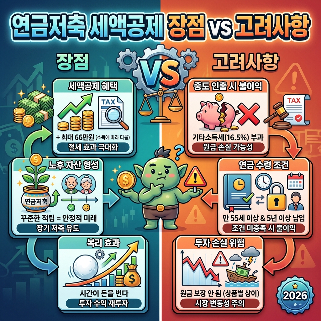 연금저축 세액공제의 세금 혜택과 노후 자산 형성 등 장점과 중도 인출 시 불이익, 투자 손실 위험 등 고려사항을 균형 있게 보여주는 인포그래픽.